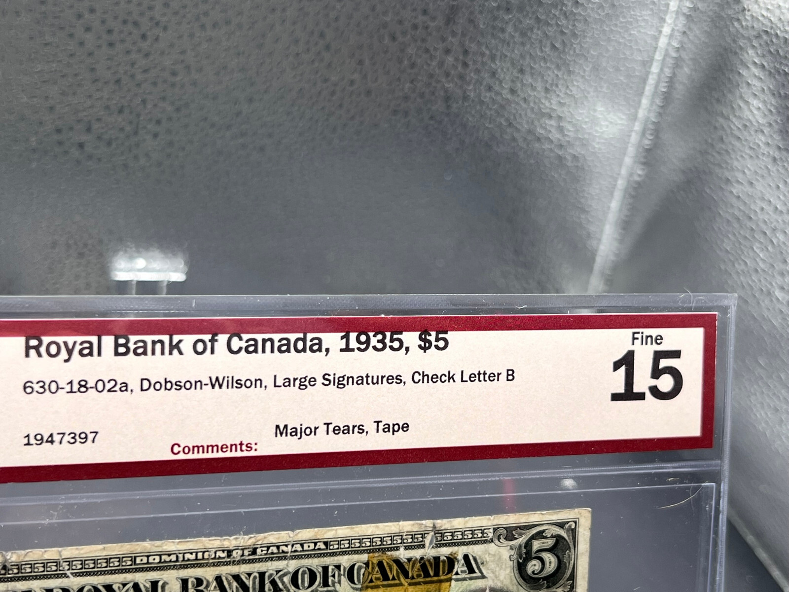 1935 Royal Bank $5 Bank Note Large Signatures Graded BCS F-15 SN1947397 ...
