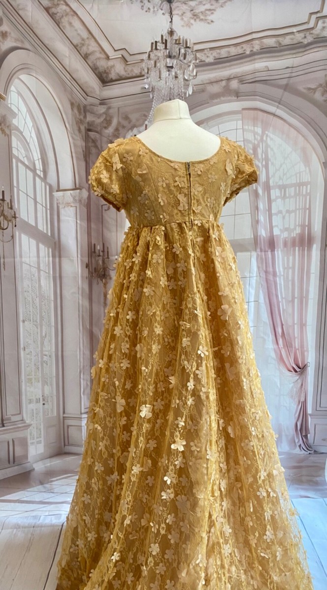 gold regency dress Regency Bridgerton Jane Austen Dress gold petals 1800s costume empire waist