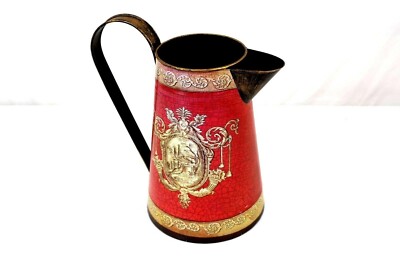 Metal Pitcher Red Crackle And Toile Design Shelf Sitter Floral decorative 