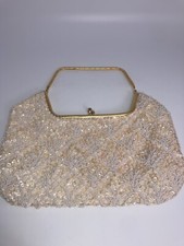 Vintage Hand Bead Handbag Hong Kong Sequin Taupe Cream White Gold Clean