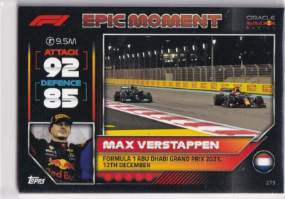 Topps F1 Turbo Attax 2022 Formel 1 Karte Nr. 279 Epic Moment Max Verstappen