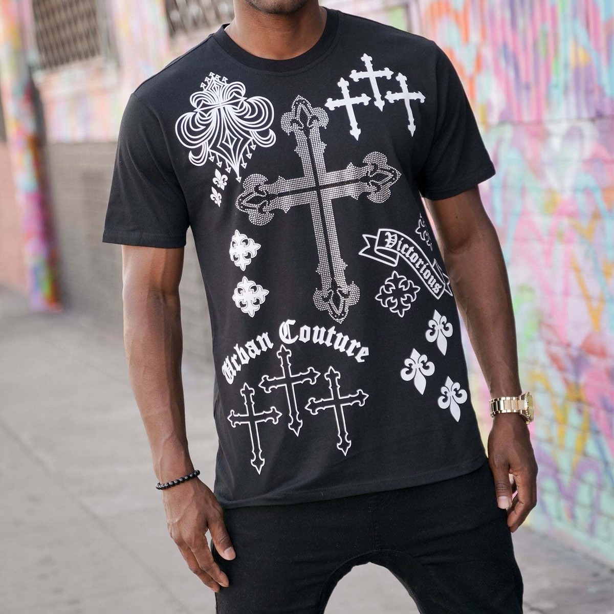 Victorious Men's Rhinestone Cross & Painted Crosses T-Shirt TS7471