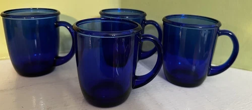4 Arcoroc Mugs France Cobalt Blue Rolled Rims Coffee Tea Cup 8 oz