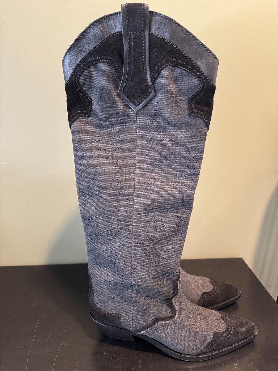 NEW ZARA BLACK DENIM KNEE LENGTH BOOTS COWBOY POUL ON BOOTS SIZE