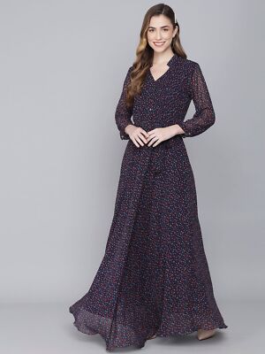 Women Western Wear Collared Gown A-line Multicolor Floral Printed Dress Gown  | eBay