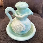 Vintage - Avon - Jadeite Green Swirl Milk Glass Rose - Mini Bowl & Pitcher F1A