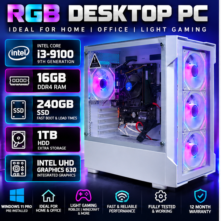 RGB GAMING Desktop PC i3 9th Gen 16GB RAM 240GB SSD 1TB HDD Windows 11 ...