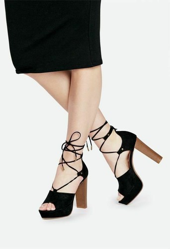 Yana by JUSTFAB (SHOEDAZZLE) Black faux suede wood heel ankle tie sandals SZ 7.5 - Picture 4 of 4