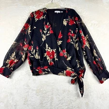 Calvin Klein Womens XL Black Red Floral Burnout Wrap Blouse Top
