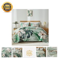 3-Piece Sage Green Botanical Quilt Set - Soft Summer Bedding for King Size