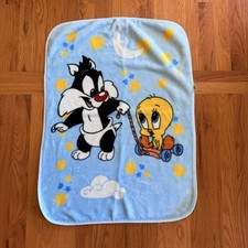 Vintage '99 Baby Looney Tunes Sylvester Tweety Bird Blue Plush Blanket 42x31 EUC