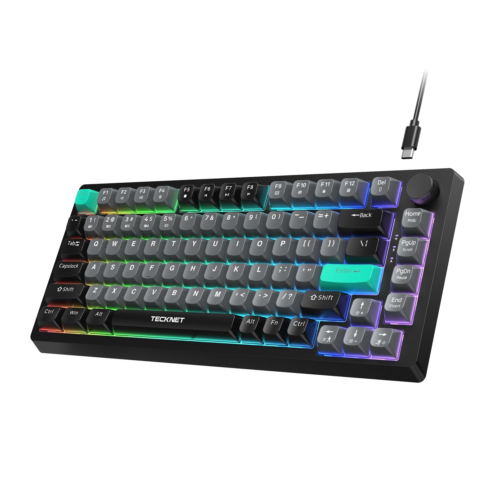 Gaming Keyboard, 75% Wired Keyboard, RGB Backlit, 82-Keys with Volume Knob Co...