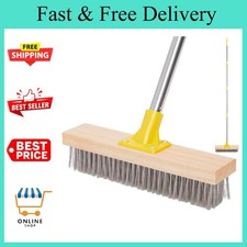 Wire Broom Scrubbing Brush with Long Handle, Stiff Metal Bristle Deck Scrub Bru