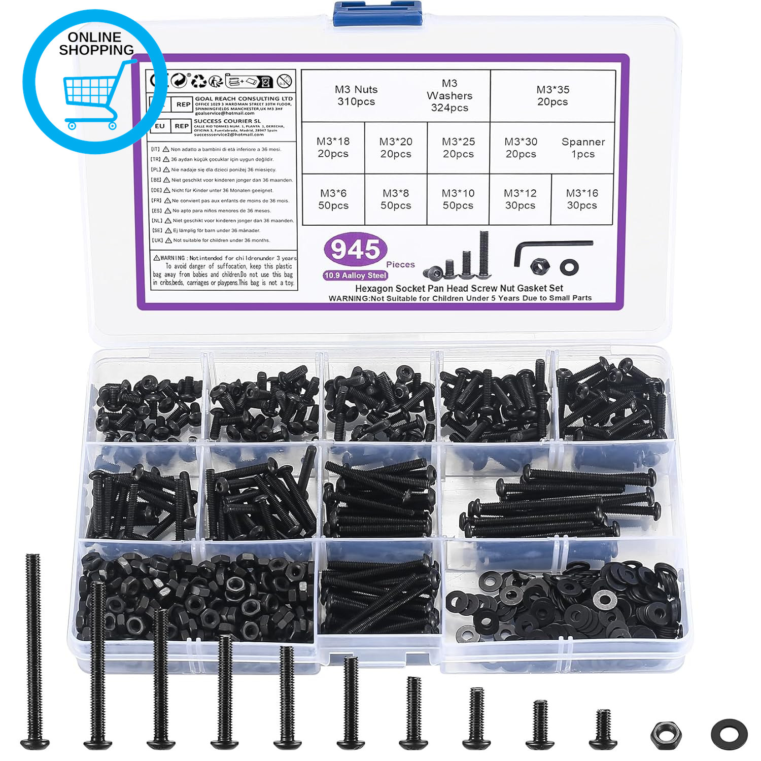 945 Pcs M3 Bolts and Nuts Set, M3 Nuts and Bolts Set, round Head Hexagon Socket