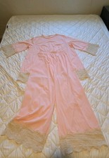 M Vintage 1970s 2 pc Pajamas Peach Nylon Lace Pallazo Pant Tunic EVC