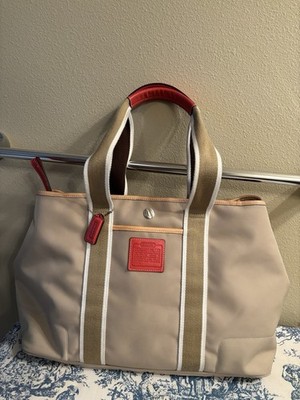Coach Vintage 2005 Hampton Nylon Tote Bag Medium Tan Red Coastal Preppy Y2K