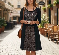 Espresso Black/Tan Flare Bottom Dress Women's Size S Work Church 3/4 Sleeves