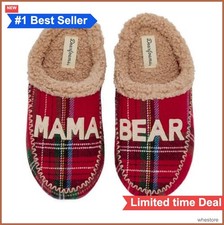Women Slippers Red Plaid Plush Moccasin 7-8 Faux Fur Lined Memory Foam With