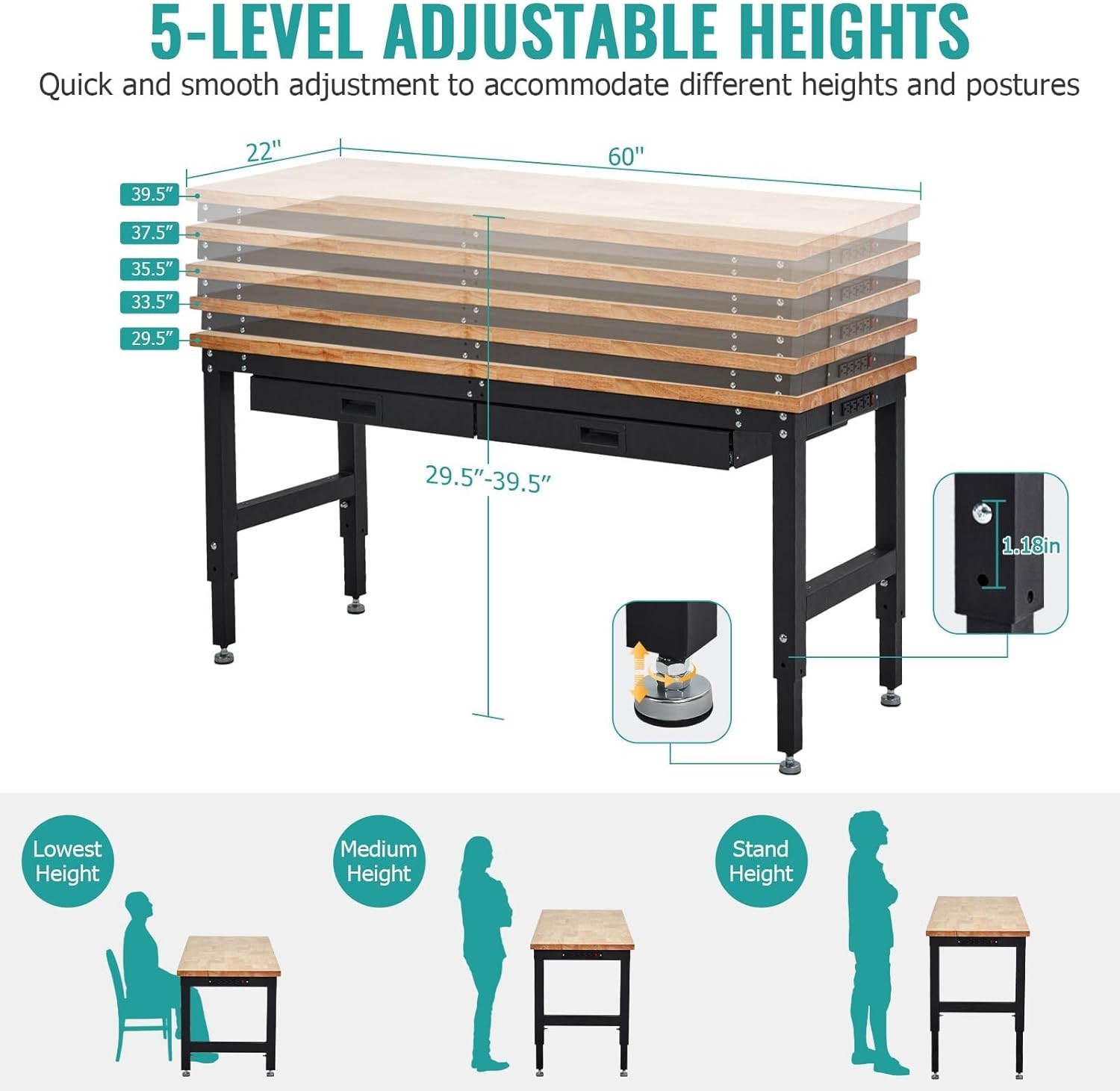 60 Inch Heavy-Duty Adjustable Workbench with Pegboard & Power Outlets Work Table