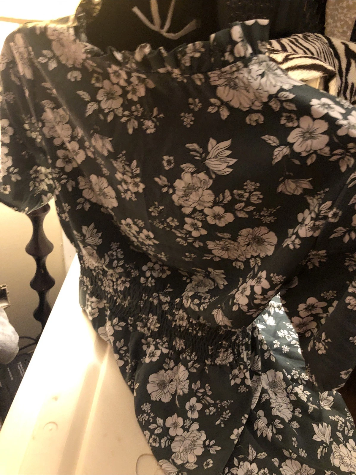 OFF WHITE Abito floreale J for Justify estate autunno. Taglia L misto cotone verde e bianco sporco