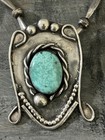 VINTAGE NATIVE AMERICAN SILVER LARGE TURQUOISE PENDANT NECKLACE — photo 2