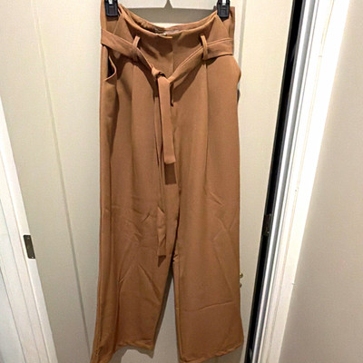 Merde Women s Brown Paperbag High-Rise Wide-Leg Belted Tie Pants L