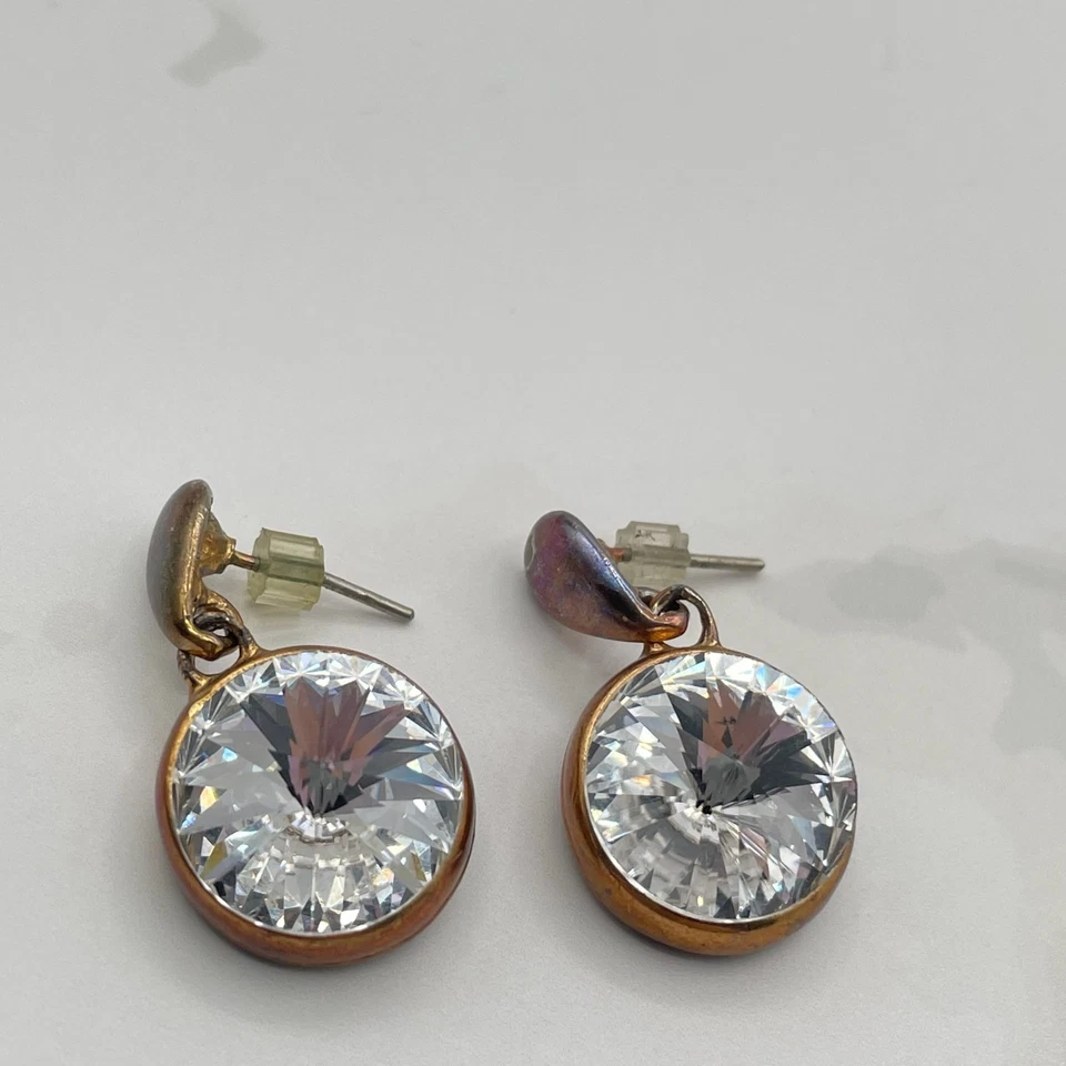 Vintage VTG Cubic Zirconia Drop Earrings Clear CZ Copper Patina Post Dangle 15mm - Image 4 of 4