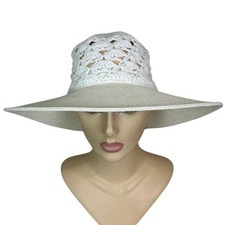 Parkhurst Women's White Hand Crochet Crown Wide Brim Sun Hat Packable One Size