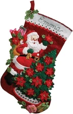 Bucilla 18-Inch Christmas Stocking Felt Applique Kit, Santa Poinsettia Tree