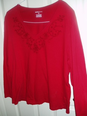 Basic Editions Plus 2X Red V Neck Knit Top Pullover Long Sleeves Holiday $0 S/H