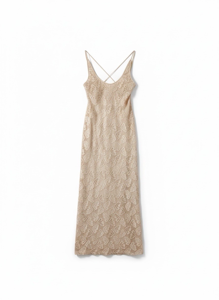 Kay Unger Vintage Floral Lace Sequin Slip Maxi Dress Beige Size 4