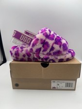 UGG Fluff Yeah Slide Slipper Pink Leopard Lamb Fur Logo Womens Sz 6