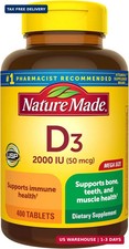 Nature Made Vitamin D3 2000 IU 50 mcg , Vitamin D Supplement for Bone, Teeth, M