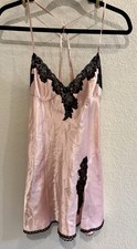Vintage Frederick's of Hollywood Pink Satin Slip Dress S Black Lace Trim