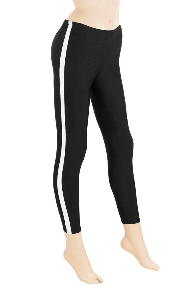 Damen Leggings schwarz, Galon-Streifen weiß Sporthose stretch shiny Yoga Pants - Bild 1 von 4