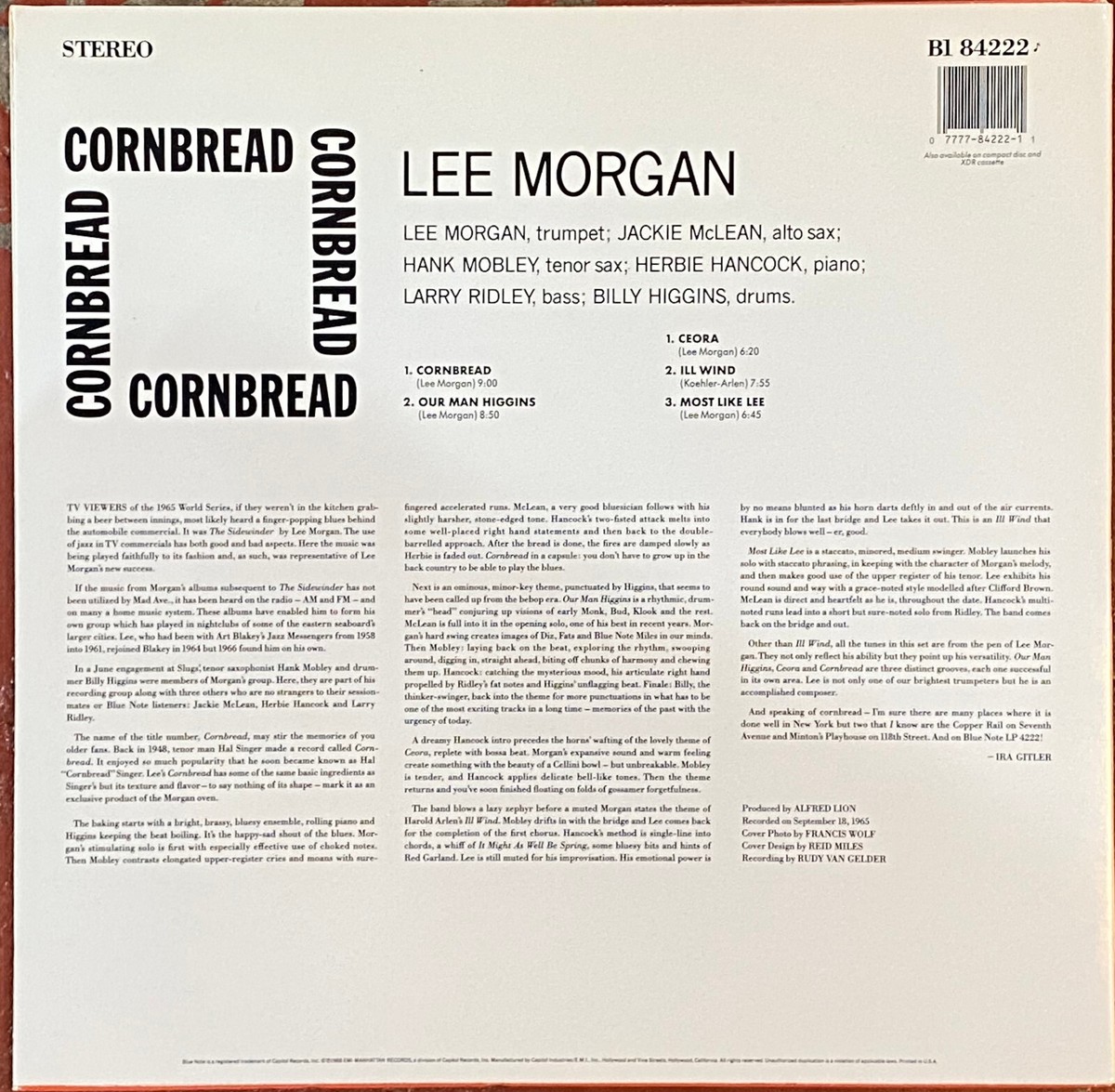 LP LEE MORGAN CORNBREAD B1-84222 1988 STEREO BLUE NOTE USA NM/NM