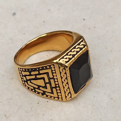 Vintage Men's Ring Massive Black Gold Tone Bronze Engraved