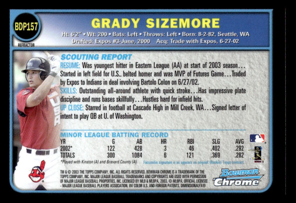2003 Bowman Chrome Draft #BDP157 Grady Sizemore Refractor - Image 2 of 2