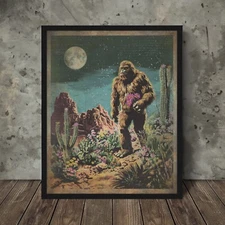 Vintage BIGFOOT MOON Cactus FLOWER Wall Art, SASQUATCH Desert Botanical Decor
