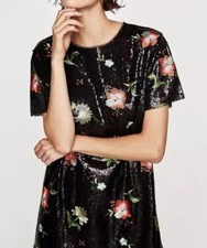 ZARA W/B BLACK SEQUIN DRESS WITH MULTICOLOURED FLORAL EMBROIDERY SIZE 38 UK10