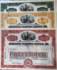 Set-3 Vintage Red Yellow Green Associated Telephone Stock Certificates Cleavage!