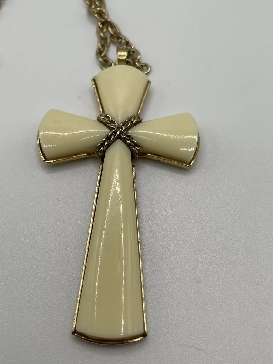 AVON Cross Pendant Ivory White Lucite Gold Tone Metal Accents