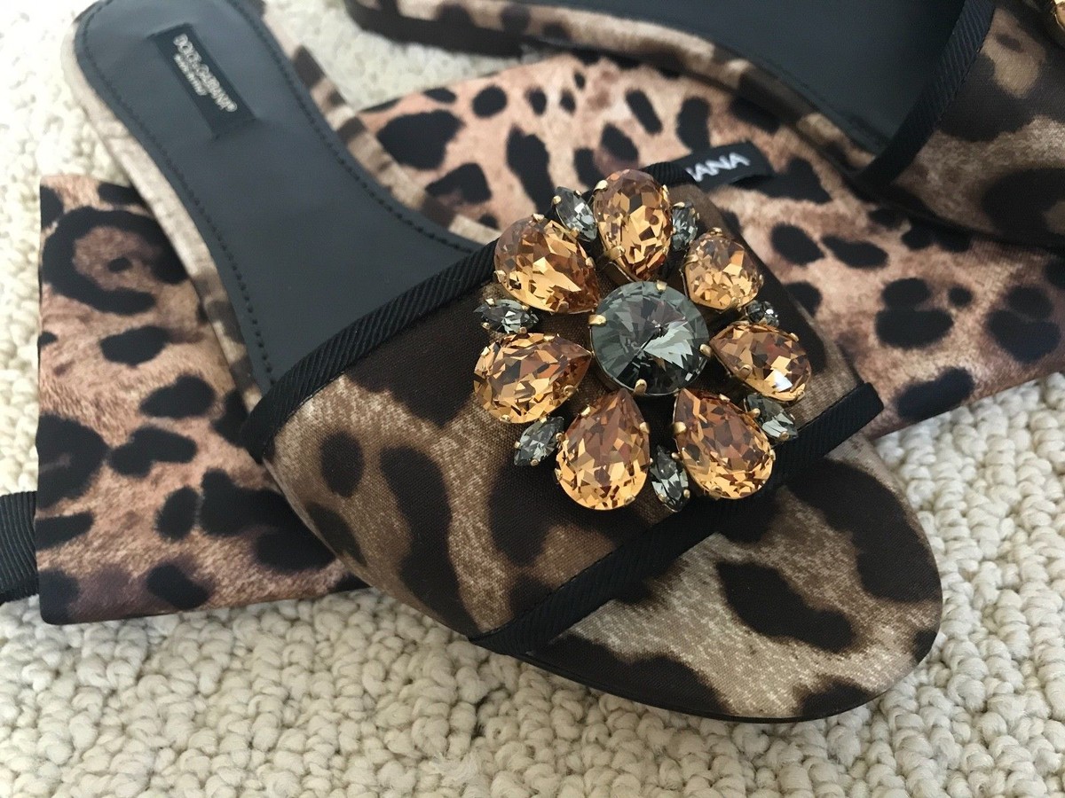 New Dolce & Gabbana Leopard Crystal Medallion Slide Flat