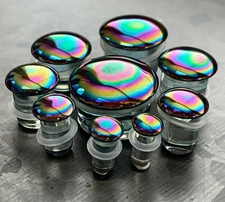 PAIR Oil Slick Design Pyrex Glass Single Flare Plugs Gauges Body Jewelry 