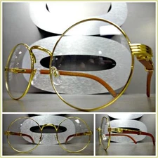 Men's CLASSY Clear Lens EYE GLASSES Gold Frame Real Wood Wooden Temples Handmade