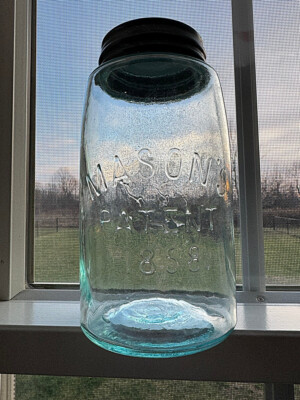 VTG Aqua Quart Fruit Jar - MASON S - PATENT - 1858. - PORT - RB #1767 - bottle
