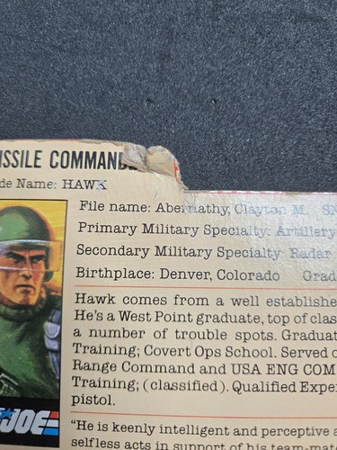 gi joe hawk 1982 1983 file card - Picture 2 of 3