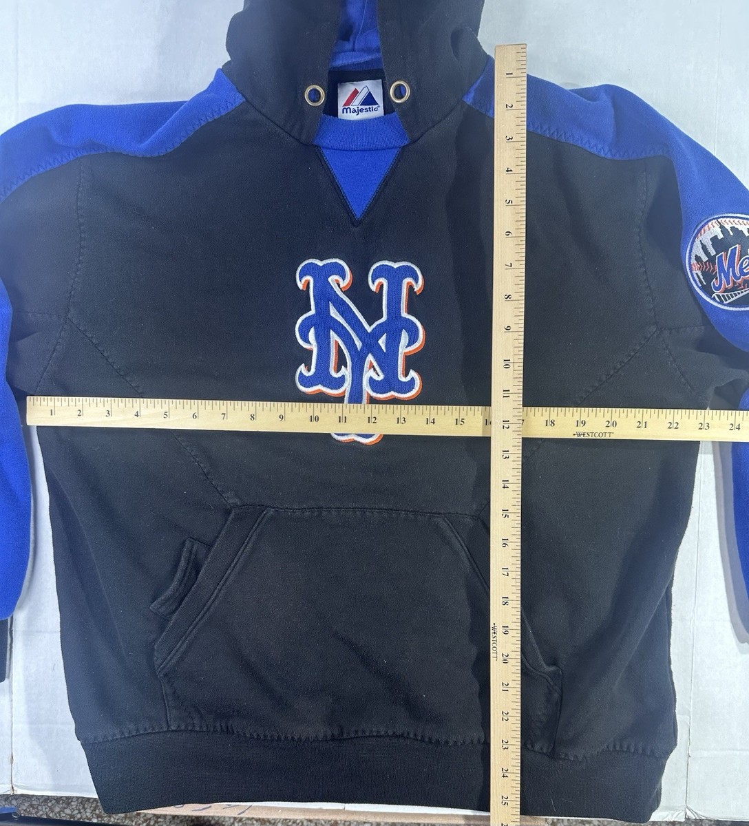 Majestic製 MLB公式 ニューヨークメッツプルオーバーハーフジップL Majestic NY Mets Hoodie Pullover Black Blue MLB Baseball Hooded