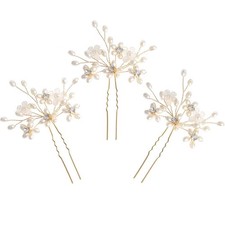 3 PCS Gold Wedding Hair Pins, Pearl, Floral, Crystal, Bridal Accessories, Women