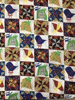 Vintage Fabric Patchwork Cheater Quilt Retro Piece 26  X 44  Colorful Bonnets